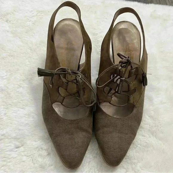 Vintage Salvatore Ferragamo Lace Up Suede Canvas Slingback Kitten Heels Beige - Picture 3 of 16